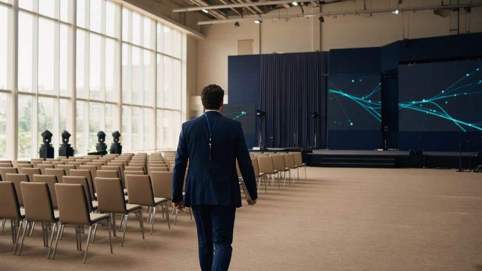 An organiser walking through an empty conference hall