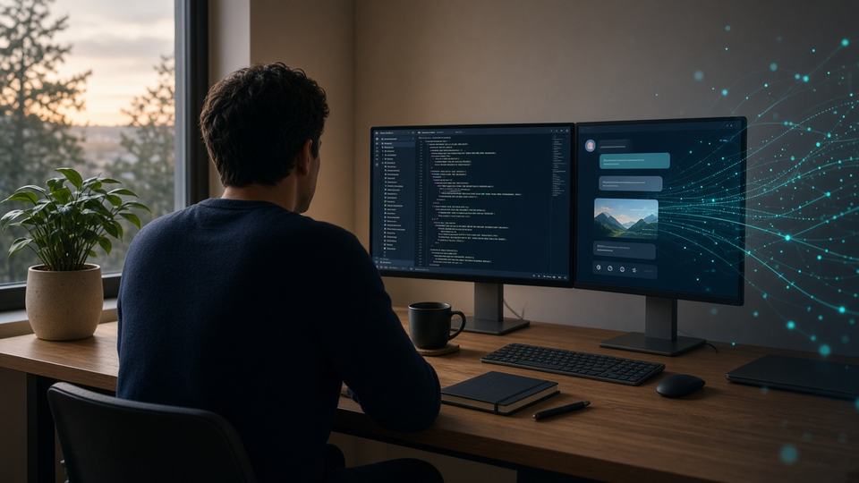 A developer at a desk, seen from behind, building an AI assistant