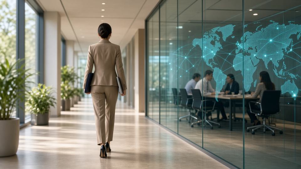 A person walking ahead through an office with a world map on the wall