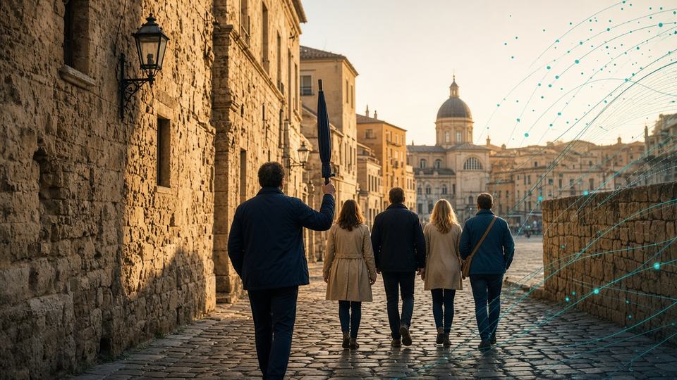 A guide leading a small group down an old street, seen from behind